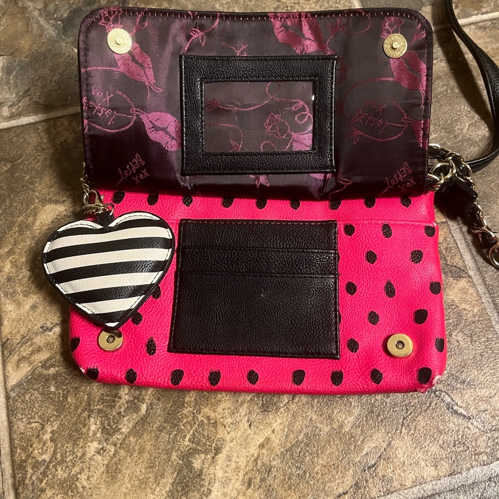 Betsey Johnson Pink and Black Polka Dot Wallet with Heart Charm